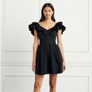 Hill House The Ana Dress Black Poplin Ruffle Sleeve Cotton Mini XS | Smocked ✨
